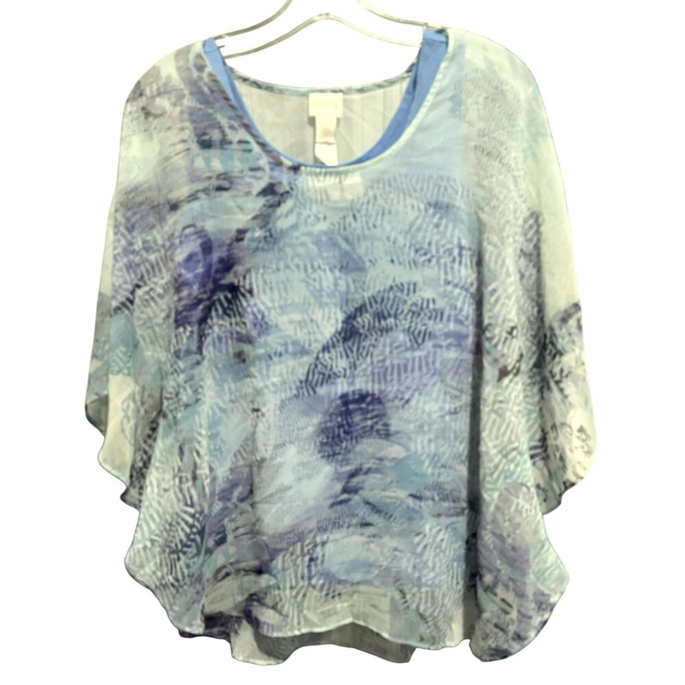Chico’s Harmony Poncho Blue Multicolor Semi Sheer Abstract Print  S/M + Tank Top